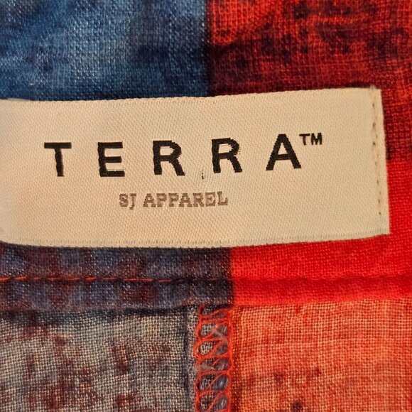 TERRA SJ Apparel Patchwork Multicolor Button Shirt Ruffle Collar Tunic Large - Picture 8 of 13